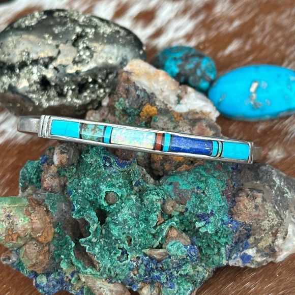 Navajo inlay turquoise multi stone sterling silver vintage cuff - Picture 3 of 7